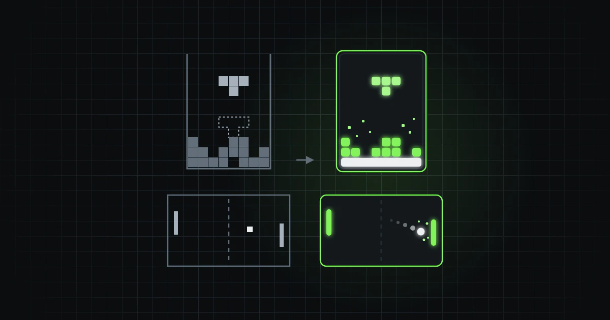 A Tetris and a Pong, before and after the cleanup: flat grey blocks and bar paddles on the left; rounded, glowing blocks, a line clearing and a ball throwing off particles on the right.