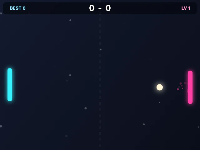 Pong after the cleanup in the middle of a rally: the glowing ball has just left the pink paddle with a trail of particles, and the bar at the top shows a score of 0 - 0.