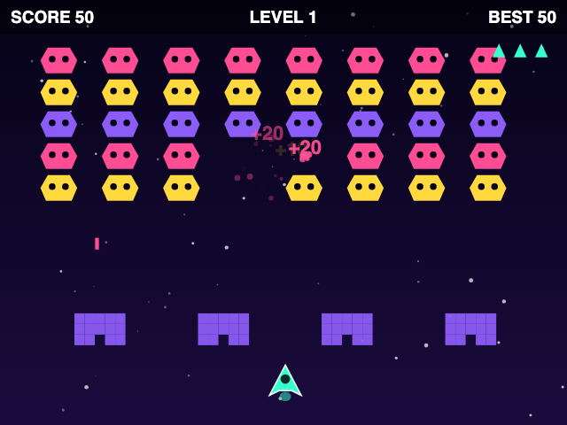 Space Invaders after the cleanup a moment into play: three aliens shot out of the middle of the formation, two +20 scores floating up among particles, an enemy shot, four purple barriers, the turquoise ship, and SCORE 50 and BEST 50 along the top.