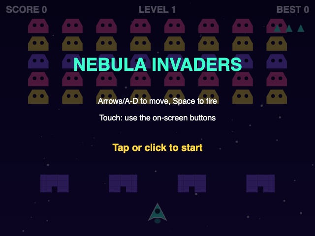 Space Invaders after the cleanup on its start screen: the title NEBULA INVADERS in turquoise over a dimmed wave of aliens, the keys and the touch controls in two lines, and "Tap or click to start" in yellow.