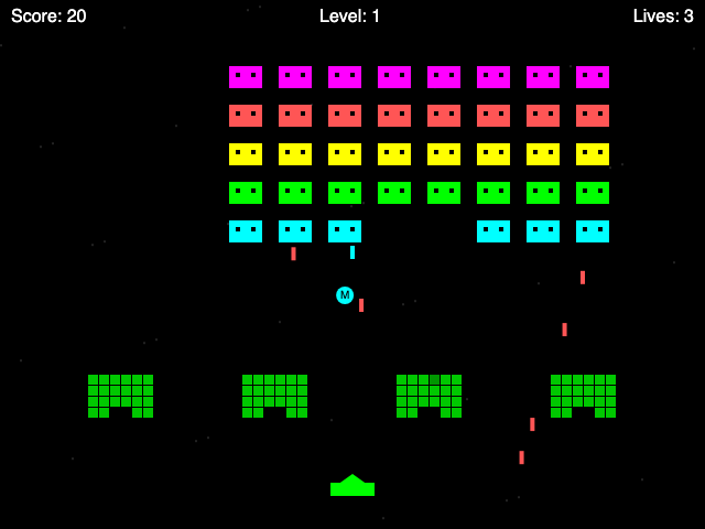 Space Invaders before the cleanup a moment into play: five rows of rectangular aliens with two gone from the bottom row, a capsule marked M falling below them, a shot on its way up, red enemy shots, four green barriers and a score of 20.