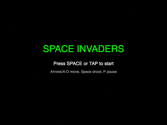 Space Invaders before the cleanup on its start screen: the title SPACE INVADERS in green on black, "Press SPACE or TAP to start" in white and the keys in grey below it.