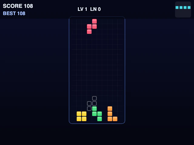 Tetris after the cleanup after a few moves: rounded pieces at the bottom of a framed well, a falling one with the place it will land outlined, a score of 108 at the top left and the next piece at the top right.