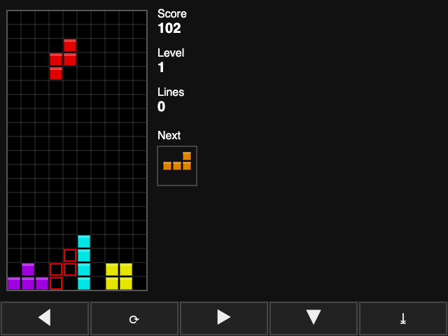 Tetris before the cleanup after a few moves: four pieces at the bottom of the well, a fifth falling with the place it will land outlined, and a score of 102.