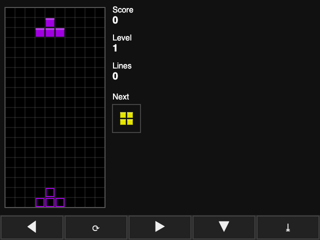 Tetris before the cleanup as it opens: no start screen, the first piece already falling into the empty well, the score, level, lines and next piece to the right, and five touch buttons along the bottom.